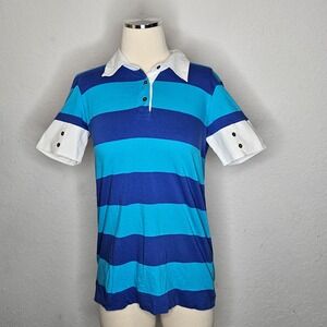 Theory Polo Shirt Women's Blue Aqua Stripe Cotton Stretch Short Sleeve Peru Sm